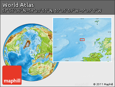 Physical Location Map of the Area around 58° 8' 44" N, 10° 7' 30" W