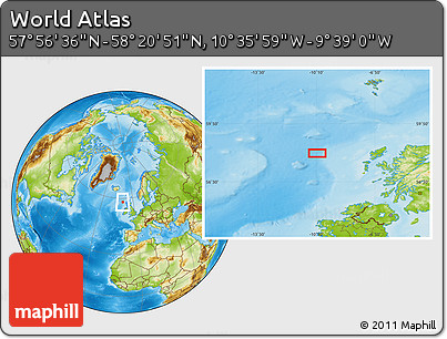 Physical Location Map of the Area around 58° 8' 44" N, 10° 7' 30" W