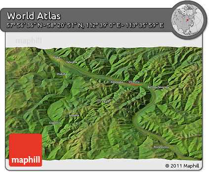 Satellite 3D Map of the Area around 58° 8' 44" N, 113° 7' 30" E