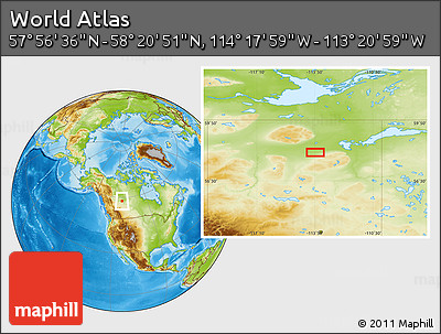 Physical Location Map of the Area around 58° 8' 44" N, 113° 49' 29" W