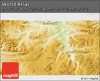 Physical 3D Map of the Area around 58° 8' 44" N, 115° 40' 30" E