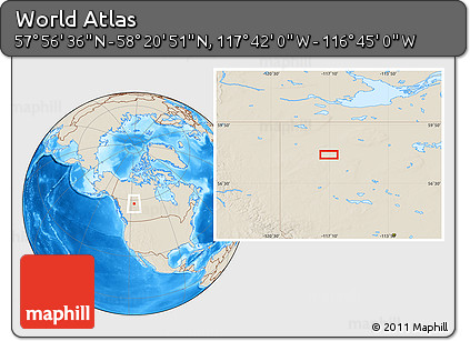 Shaded Relief Location Map of the Area around 58° 8' 44" N, 117° 13' 29" W