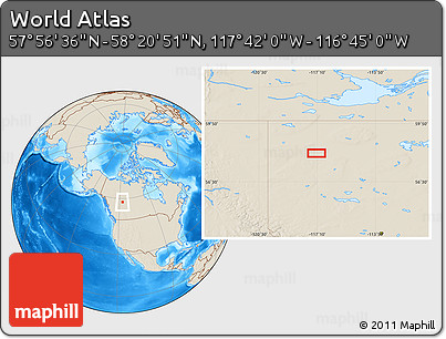 Shaded Relief Location Map of the Area around 58° 8' 44" N, 117° 13' 29" W