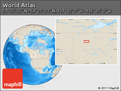 Shaded Relief Location Map of the Area around 58° 8' 44" N, 117° 13' 29" W