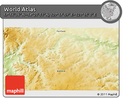 Physical 3D Map of the Area around 58° 8' 44" N, 120° 46' 30" E