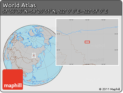 Gray Location Map of the Area around 58° 8' 44" N, 122° 28' 29" E