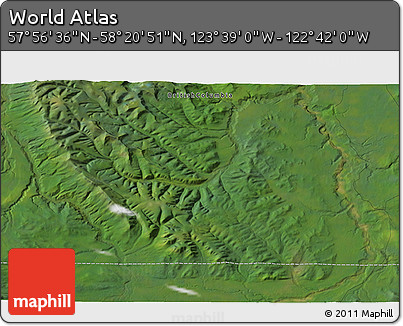 Satellite 3D Map of the Area around 58° 8' 44" N, 123° 10' 30" W