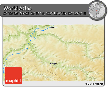 Physical 3D Map of the Area around 58° 8' 44" N, 124° 10' 30" E