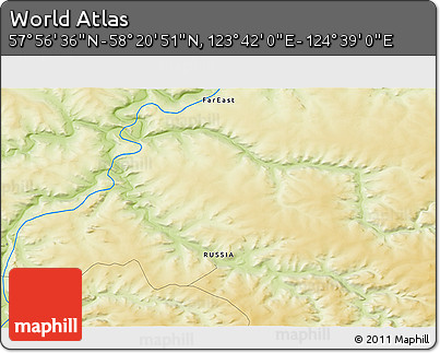 Physical 3D Map of the Area around 58° 8' 44" N, 124° 10' 30" E