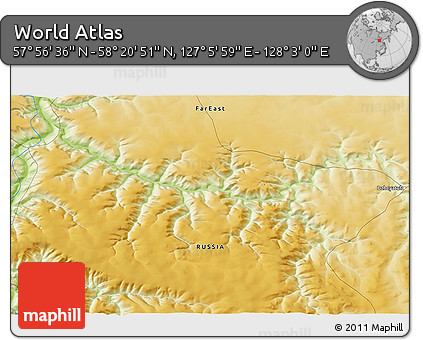 Physical 3D Map of the Area around 58° 8' 44" N, 127° 34' 30" E