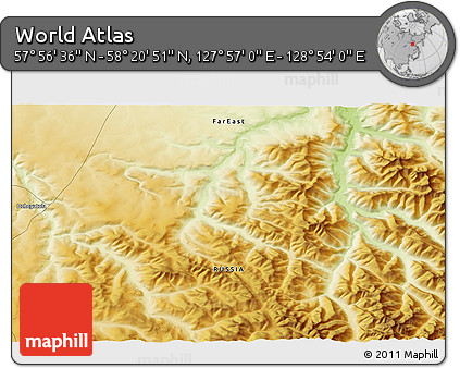 Physical 3D Map of the Area around 58° 8' 44" N, 128° 25' 30" E