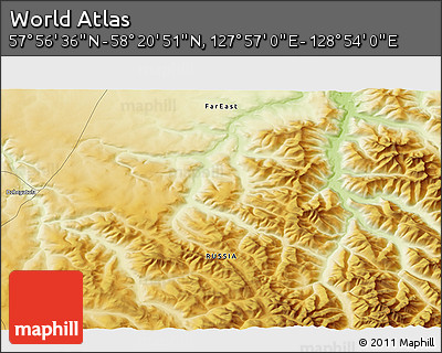Physical 3D Map of the Area around 58° 8' 44" N, 128° 25' 30" E