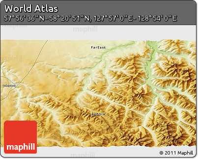 Physical 3D Map of the Area around 58° 8' 44" N, 128° 25' 30" E