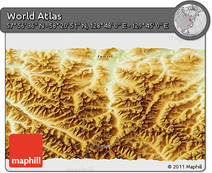 Physical 3D Map of the Area around 58° 8' 44" N, 129° 16' 30" E