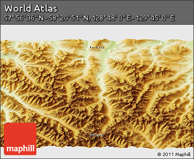 Physical 3D Map of the Area around 58° 8' 44" N, 129° 16' 30" E