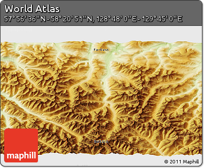 Physical 3D Map of the Area around 58° 8' 44" N, 129° 16' 30" E