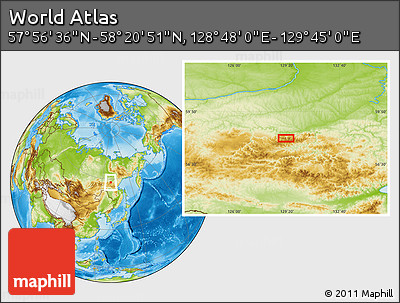 Physical Location Map of the Area around 58° 8' 44" N, 129° 16' 30" E