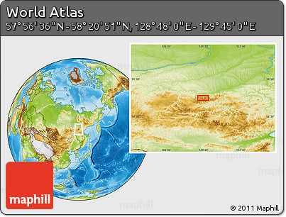 Physical Location Map of the Area around 58° 8' 44" N, 129° 16' 30" E