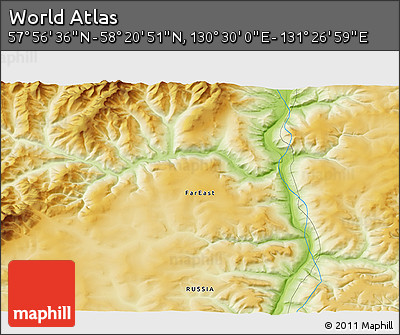 Physical 3D Map of the Area around 58° 8' 44" N, 130° 58' 29" E