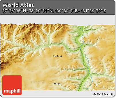 Physical 3D Map of the Area around 58° 8' 44" N, 130° 58' 29" E