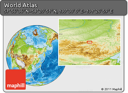 Physical Location Map of the Area around 58° 8' 44" N, 130° 58' 29" E