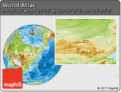 Physical Location Map of the Area around 58° 8' 44" N, 130° 58' 29" E
