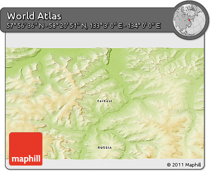Physical 3D Map of the Area around 58° 8' 44" N, 133° 31' 30" E