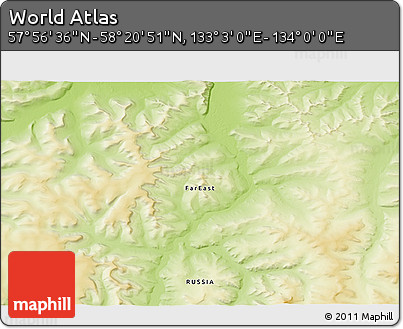 Physical 3D Map of the Area around 58° 8' 44" N, 133° 31' 30" E