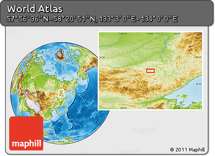 Physical Location Map of the Area around 58° 8' 44" N, 133° 31' 30" E