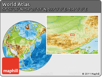 Physical Location Map of the Area around 58° 8' 44" N, 133° 31' 30" E