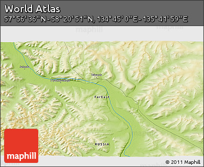 Physical 3D Map of the Area around 58° 8' 44" N, 135° 13' 29" E