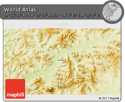 Physical 3D Map of the Area around 58° 8' 44" N, 137° 46' 30" E