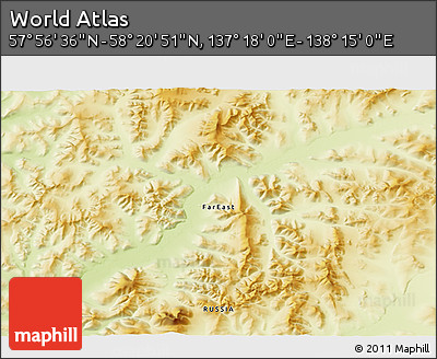 Physical 3D Map of the Area around 58° 8' 44" N, 137° 46' 30" E