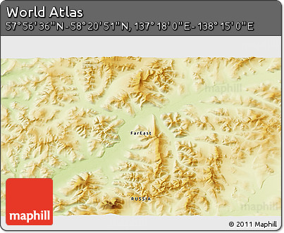 Physical 3D Map of the Area around 58° 8' 44" N, 137° 46' 30" E