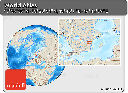 Shaded Relief Location Map of the Area around 58° 8' 44" N, 16° 13' 30" E