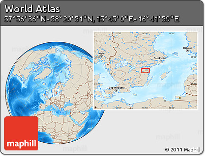 Shaded Relief Location Map of the Area around 58° 8' 44" N, 16° 13' 30" E