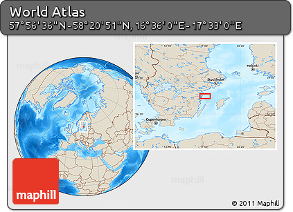 Shaded Relief Location Map of the Area around 58° 8' 44" N, 17° 4' 30" E