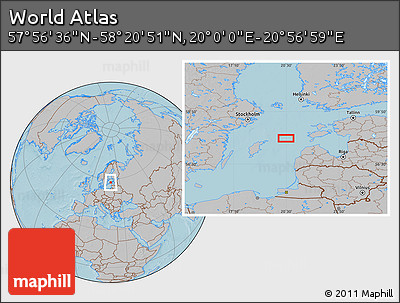 Gray Location Map of the Area around 58° 8' 44" N, 20° 28' 30" E, hill shading