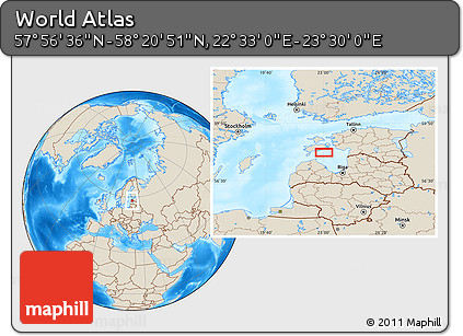 Shaded Relief Location Map of the Area around 58° 8' 44" N, 23° 1' 29" E
