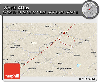 Shaded Relief 3D Map of the Area around 58° 8' 44" N, 28° 58' 30" E