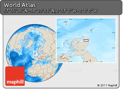 Shaded Relief Location Map of the Area around 58° 8' 44" N, 2° 28' 30" W