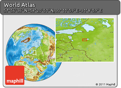 Physical Location Map of the Area around 58° 8' 44" N, 30° 40' 29" E