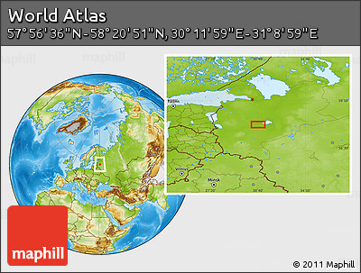 Physical Location Map of the Area around 58° 8' 44" N, 30° 40' 29" E