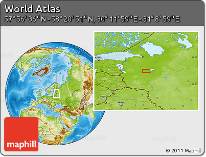 Physical Location Map of the Area around 58° 8' 44" N, 30° 40' 29" E