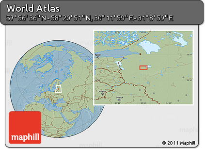 Savanna Style Location Map of the Area around 58° 8' 44" N, 30° 40' 29" E, hill shading