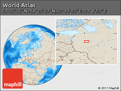 Shaded Relief Location Map of the Area around 58° 8' 44" N, 30° 40' 29" E