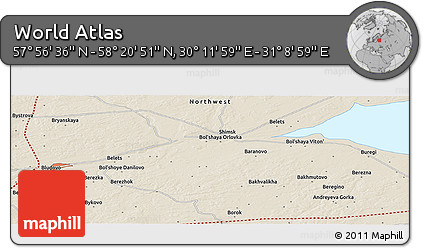 Shaded Relief Panoramic Map of the Area around 58° 8' 44" N, 30° 40' 29" E