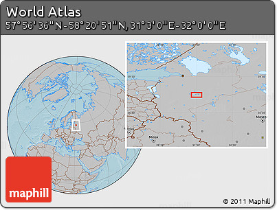 Gray Location Map of the Area around 58° 8' 44" N, 31° 31' 29" E, hill shading