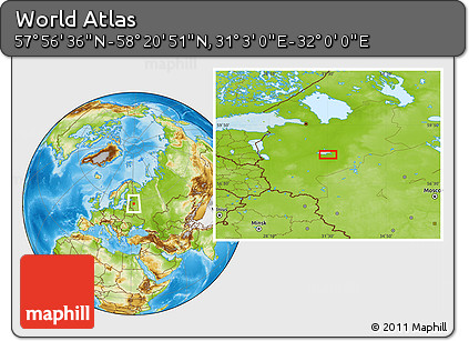 Physical Location Map of the Area around 58° 8' 44" N, 31° 31' 29" E