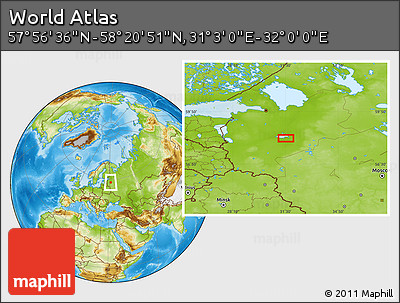 Physical Location Map of the Area around 58° 8' 44" N, 31° 31' 29" E